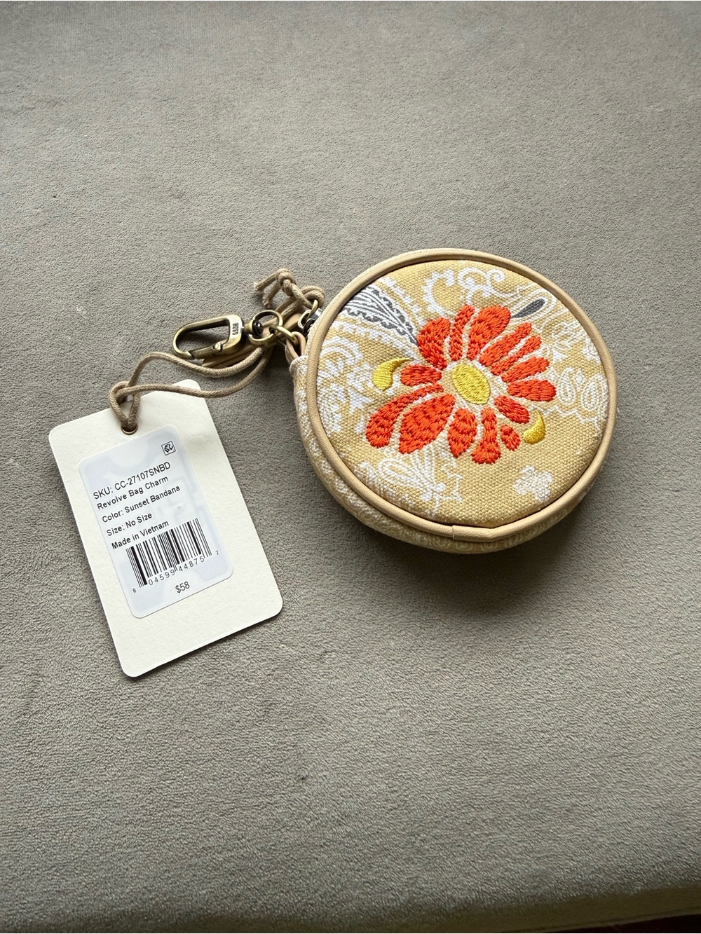 Hobo Embroidered Round Coin Pouch Keychain - Beige with Orange Floral Accent